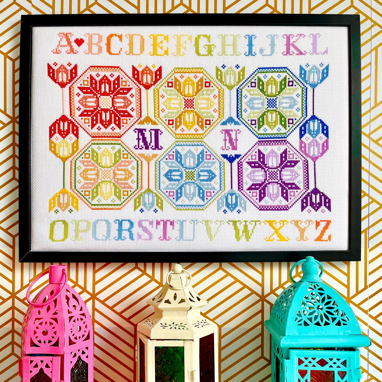 Kaleidoscope cross-stitch chart with vibrant symmetrical mandala-style motifs – PDF or printed