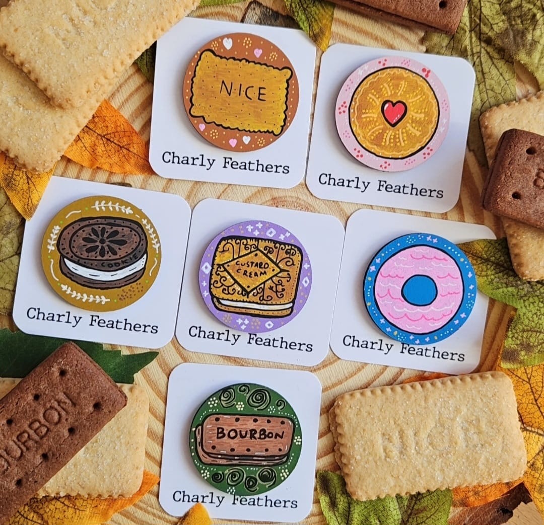 Hand drawn collection of needle minders from Charly Feathers 