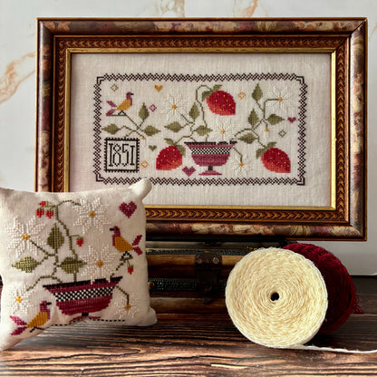 Strawberry Harvest cross-stitch chart with symmetrical berry and floral motifs – printed only