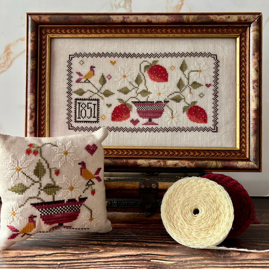 Strawberry Harvest cross-stitch chart with symmetrical berry and floral motifs – printed only