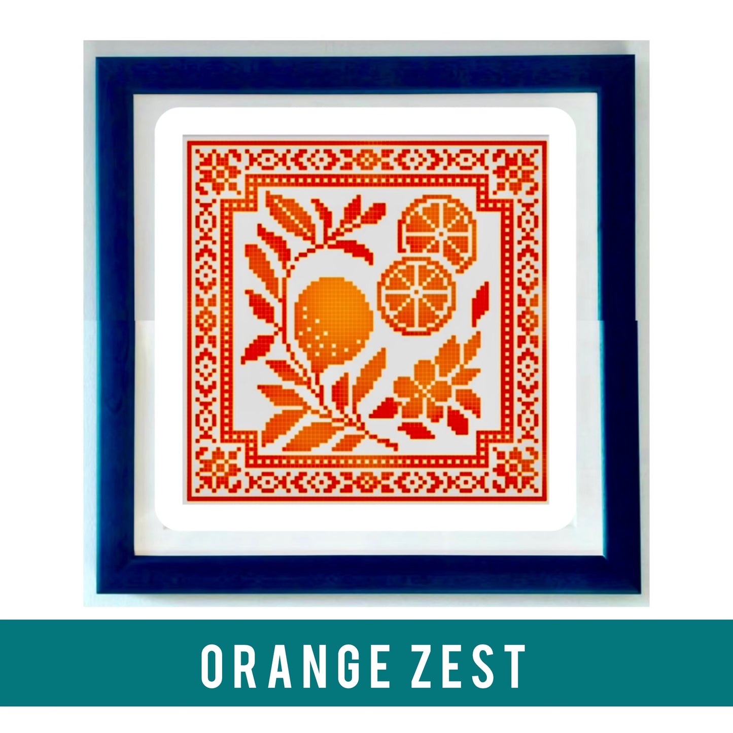 Orange Zest cross stitch pattern with citrus slices and leaves