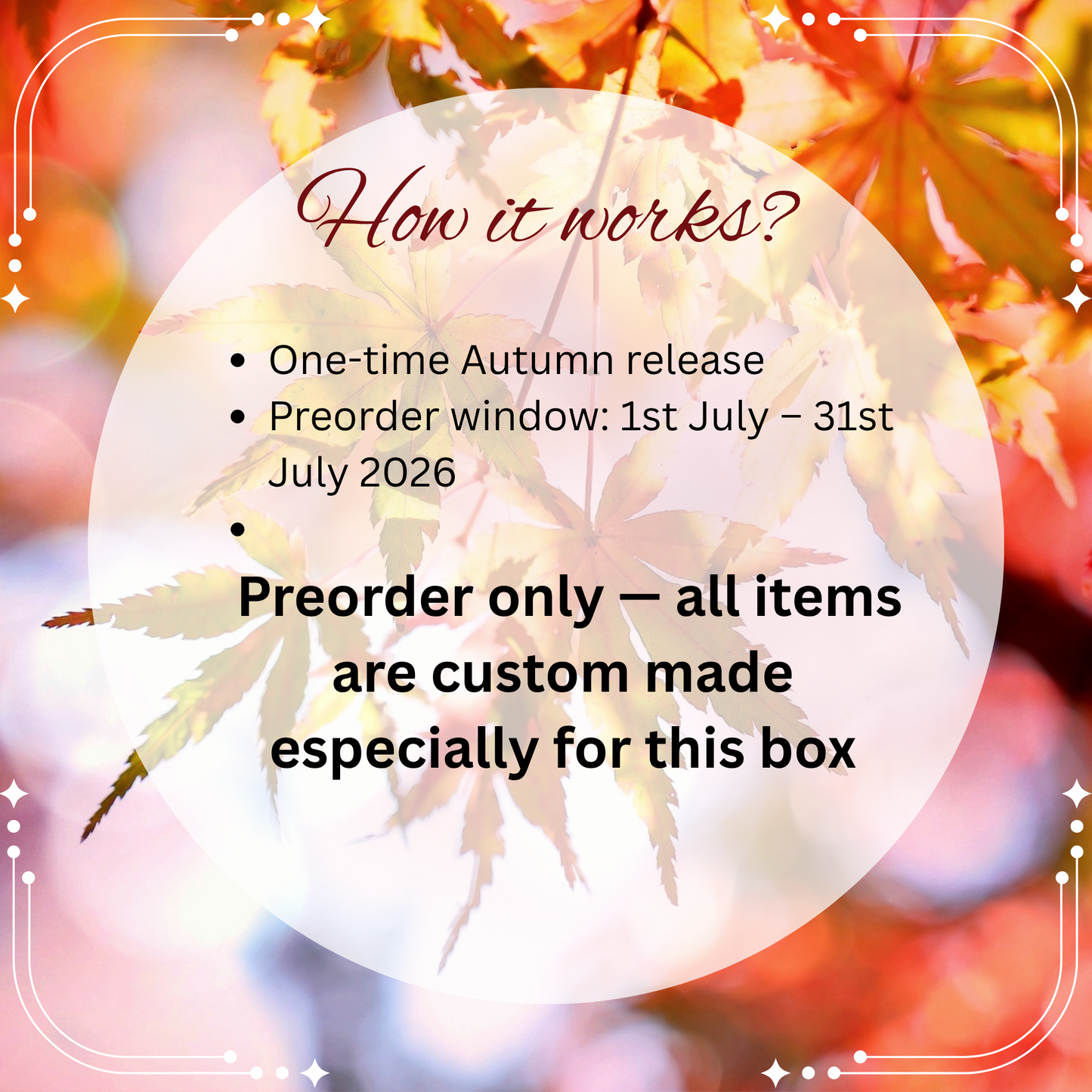 Promotional text about a one-time autumn release with preorder details on a colorful leaf background.