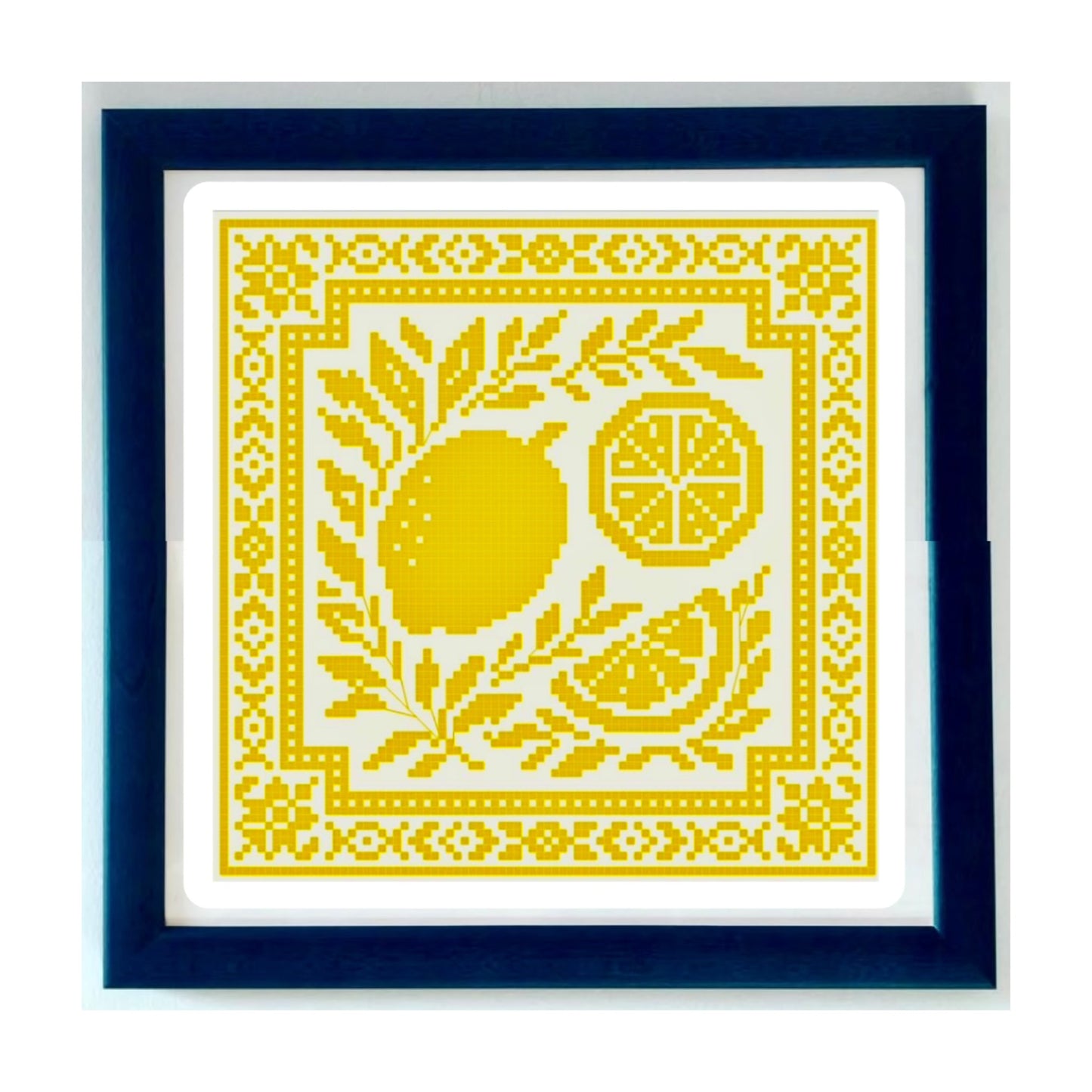 Lemon Study cross stitch chart with botanical citrus design