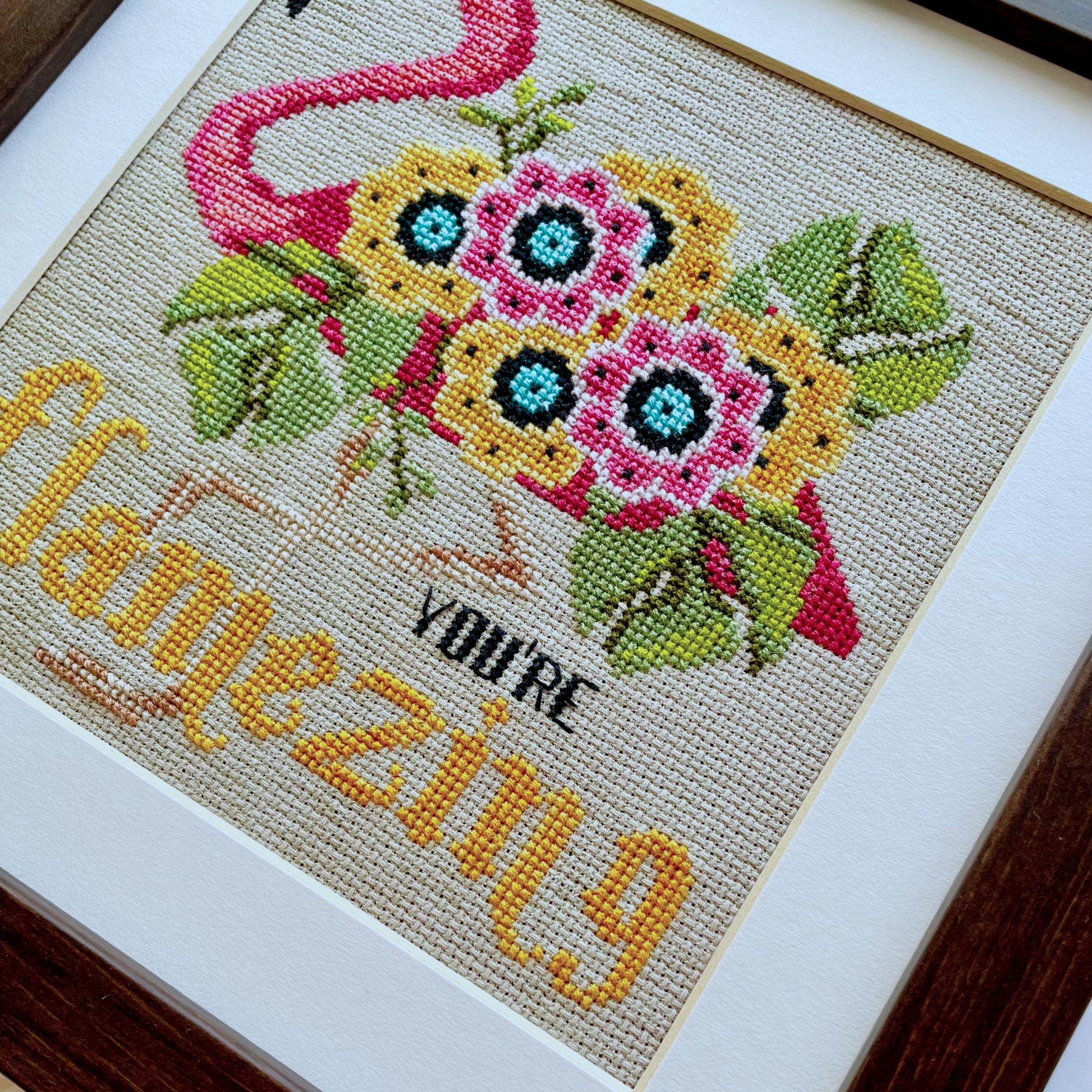 You're Flamazing cross-stitch chart with pink flamingo and positive quote
