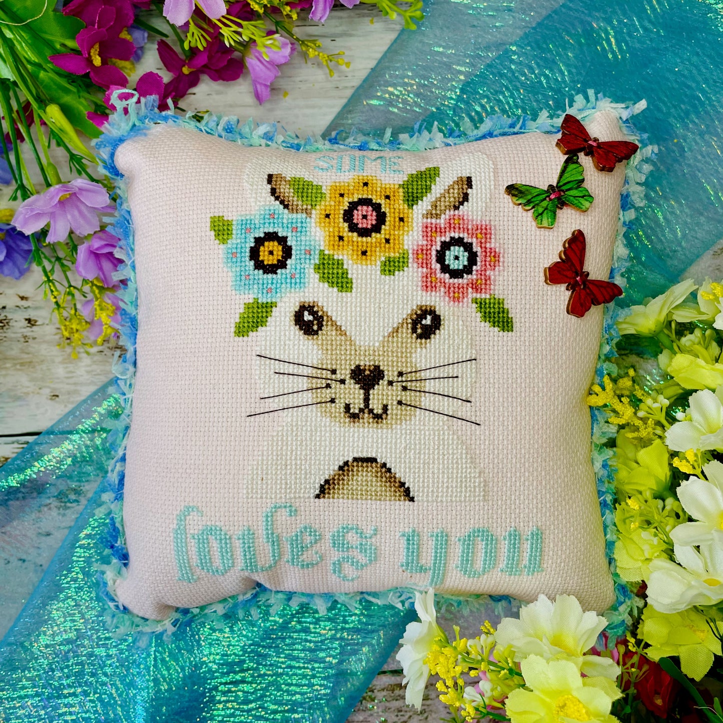Some Bunny Loves You cross-stitch chart with cute bunny and florals – PDF or printed