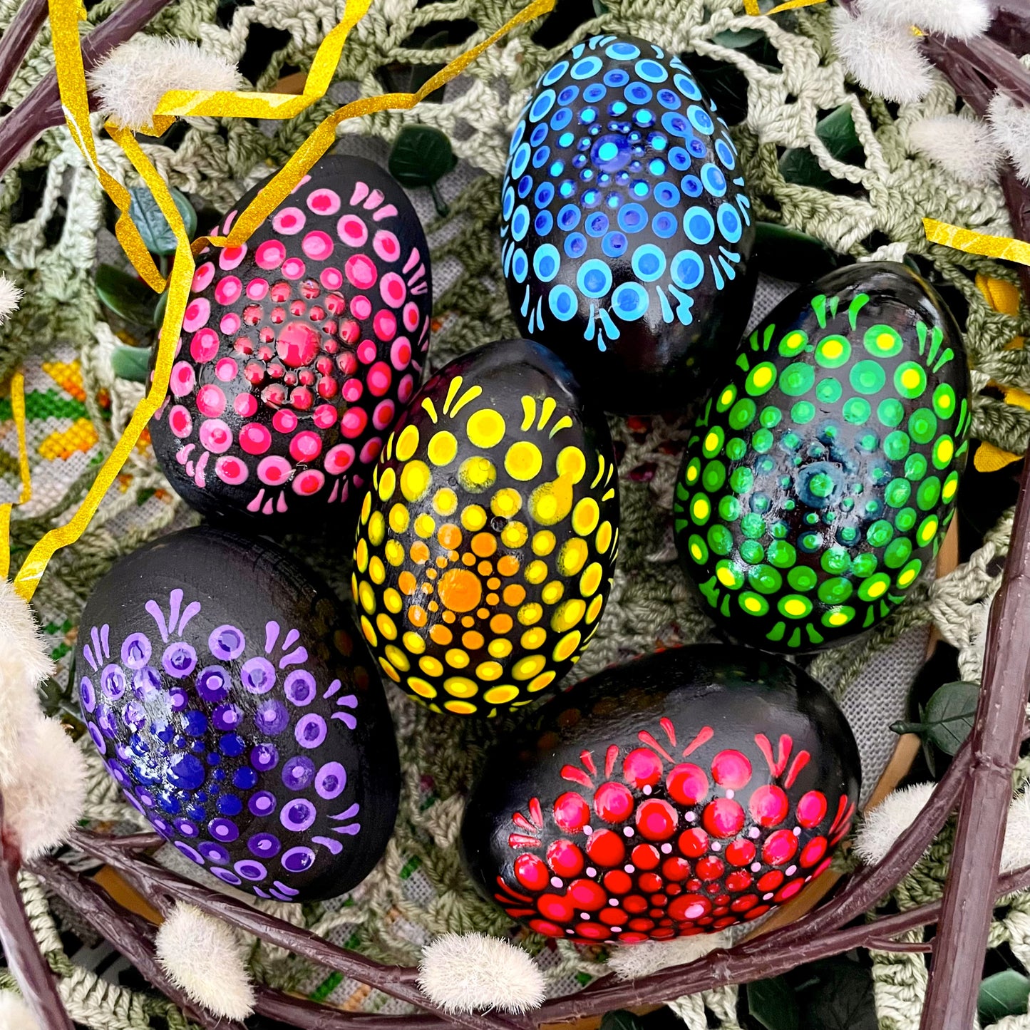 Set of 6 hand-painted Easter eggs, each with vibrant, intricate designs, perfect for Easter decor or gifting.