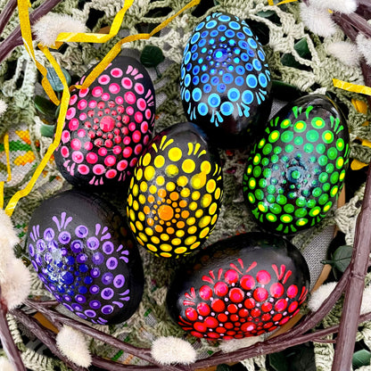 Set of 6 hand-painted Easter eggs, each with vibrant, intricate designs, perfect for Easter decor or gifting.