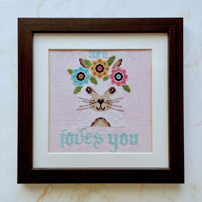 Some Bunny Loves You cross-stitch chart with cute bunny and florals – PDF or printed