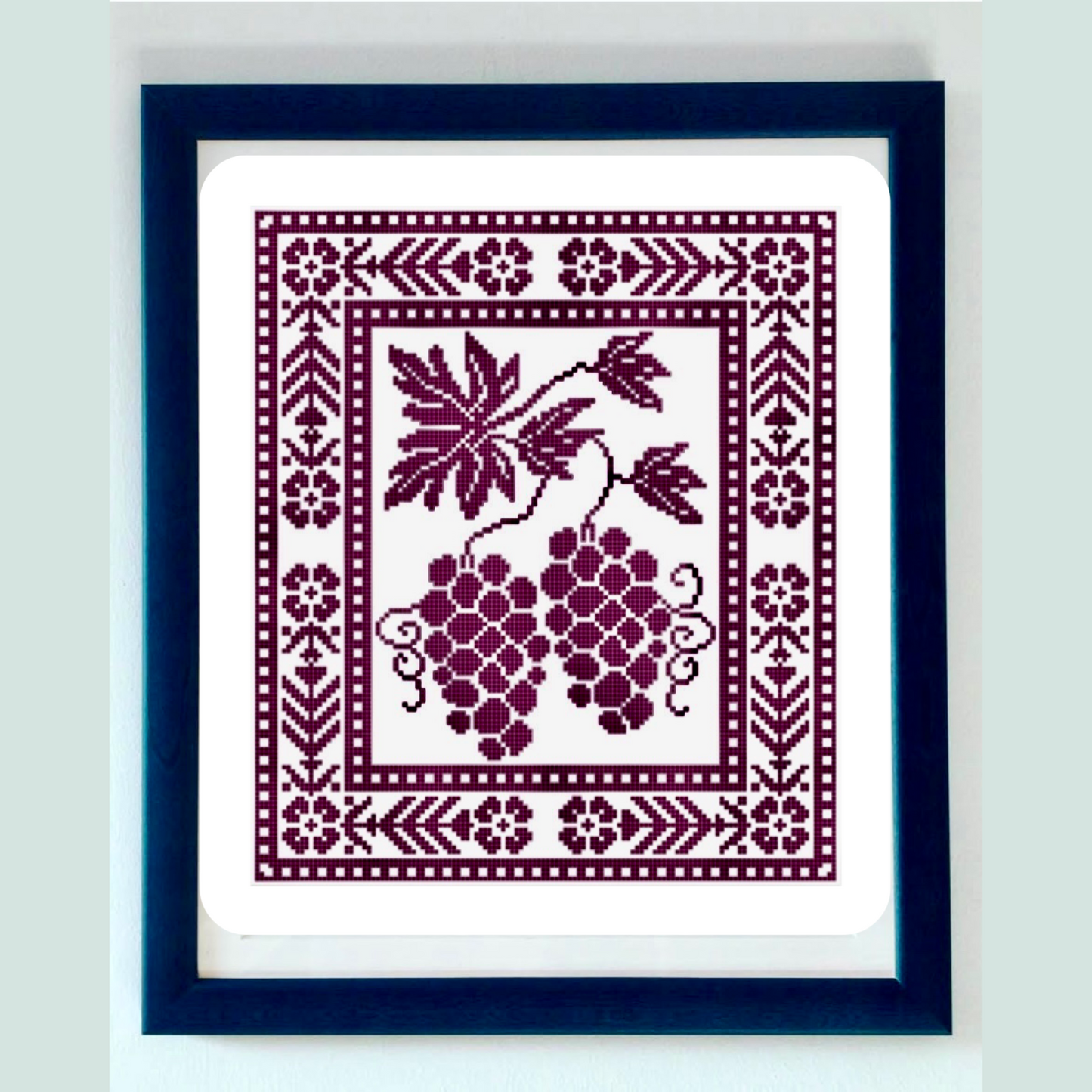 Grape Cluster cross stitch pattern with purple grapes and vines