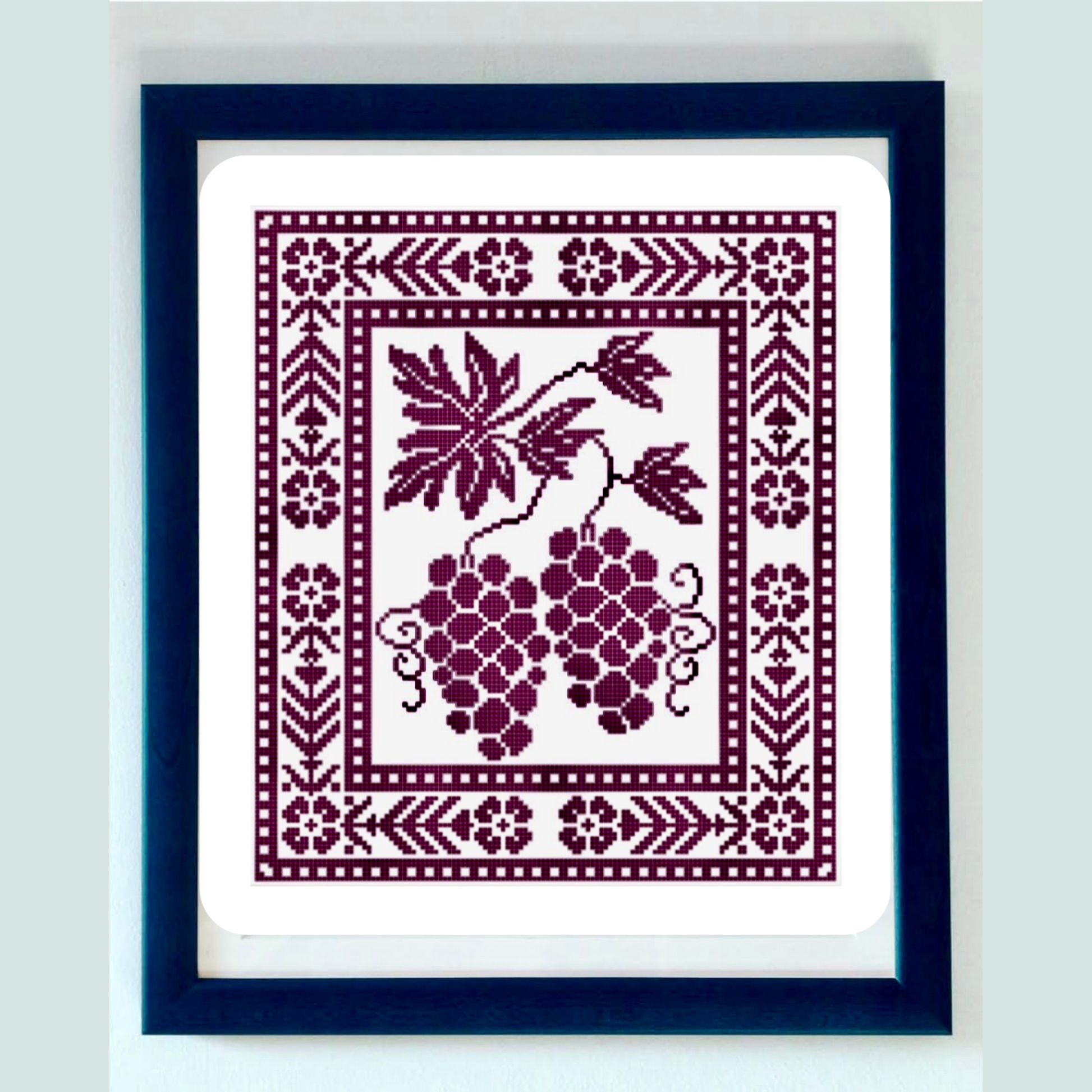Grape Cluster cross stitch pattern with purple grapes and vines