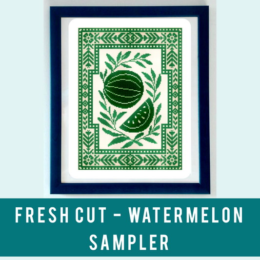 Fresh Cut Watermelon cross stitch sampler with floral border