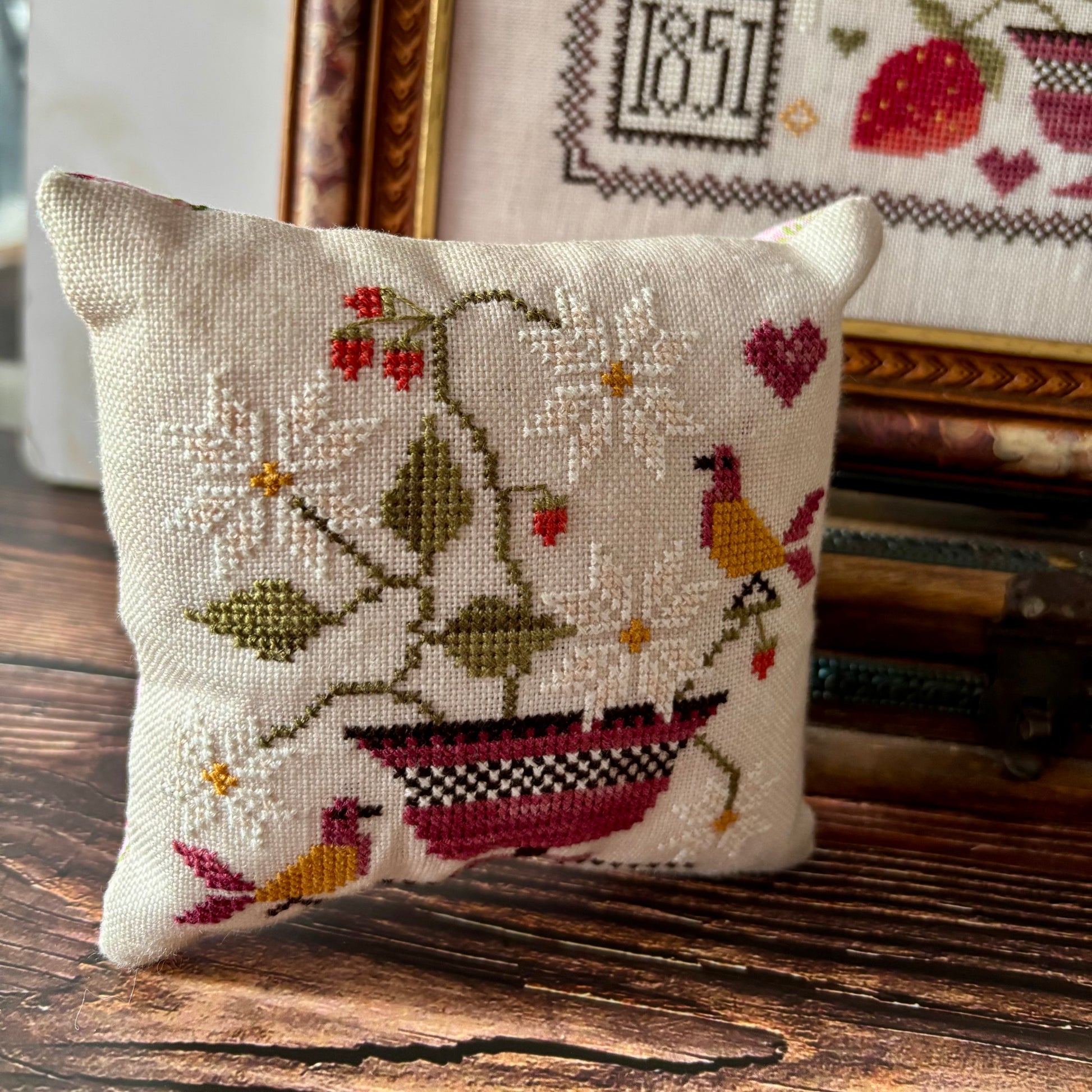 Strawberry Harvest cross-stitch chart with symmetrical berry and floral motifs – printed only