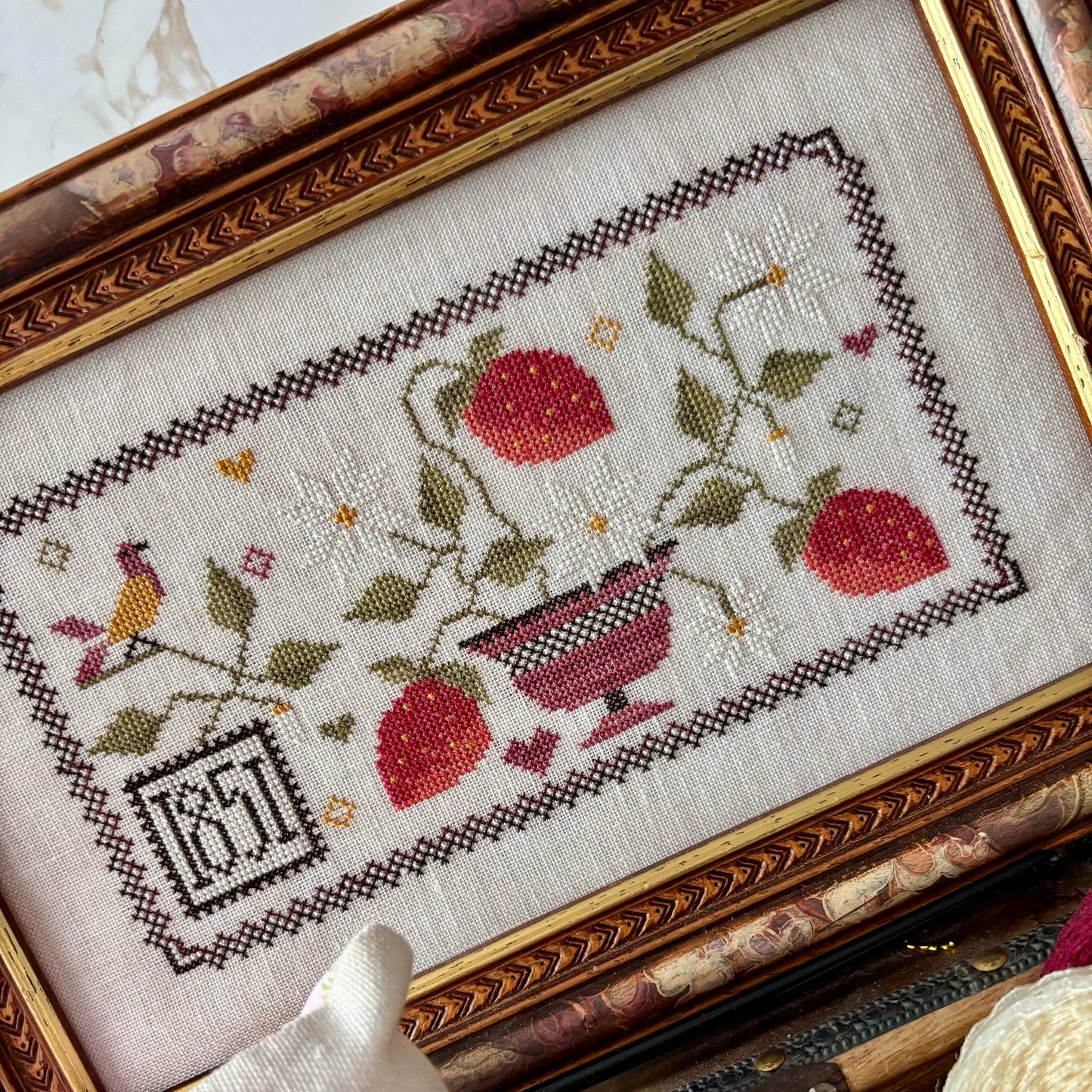 Strawberry Harvest cross-stitch chart with symmetrical berry and floral motifs – printed only