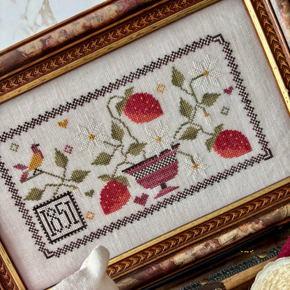 Strawberry Harvest cross-stitch chart with symmetrical berry and floral motifs – printed only