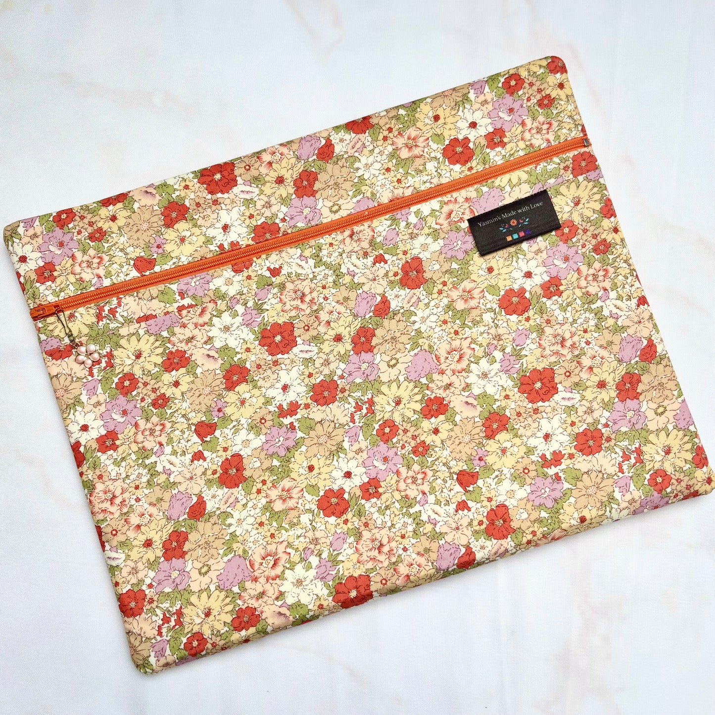Orange Flowers Project Bag 11×14 quilting cotton craft organiser