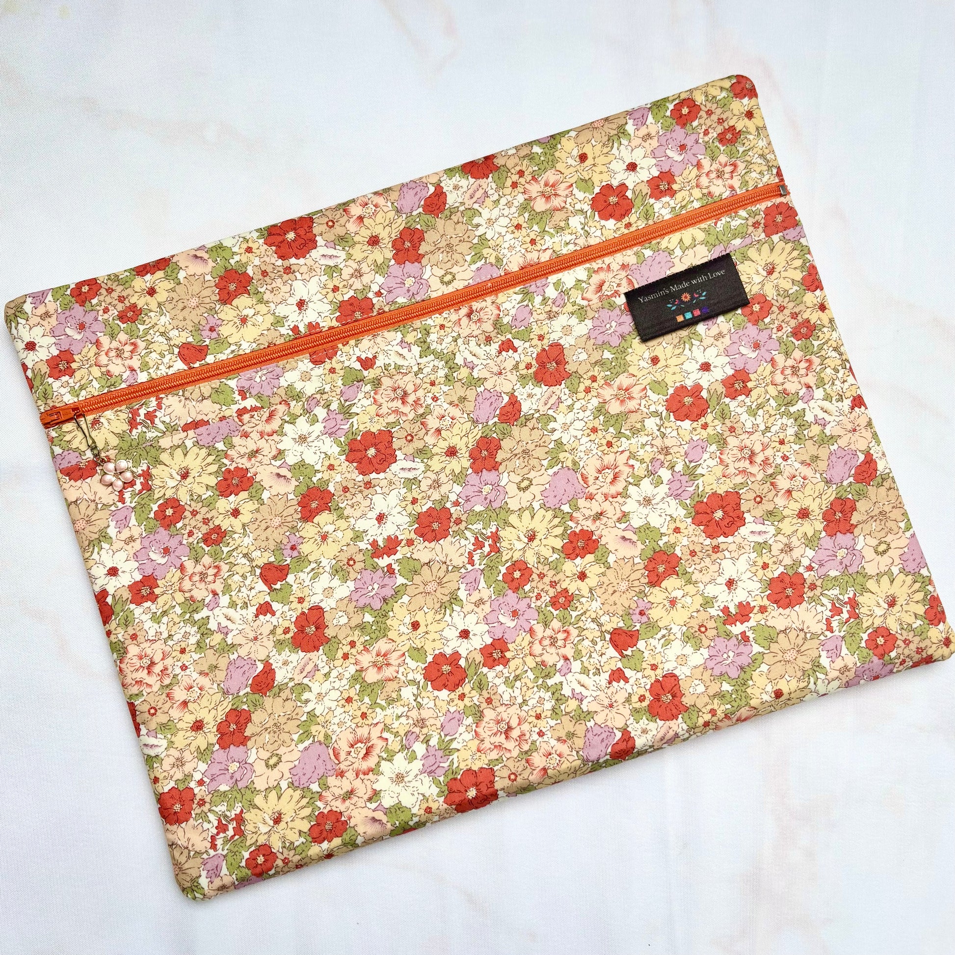 Orange Flowers Project Bag 11×14 quilting cotton craft organiser