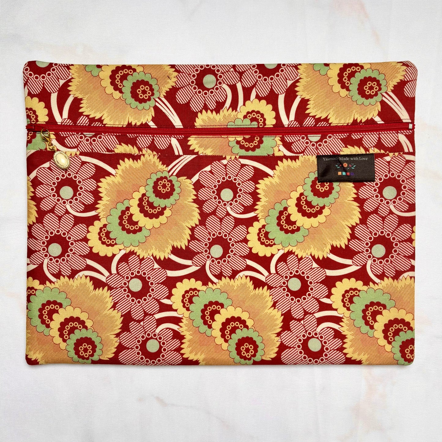 Dutch Heritage Red & Yellow Flowers Project Bag 11×14 quilting cotton craft organiser