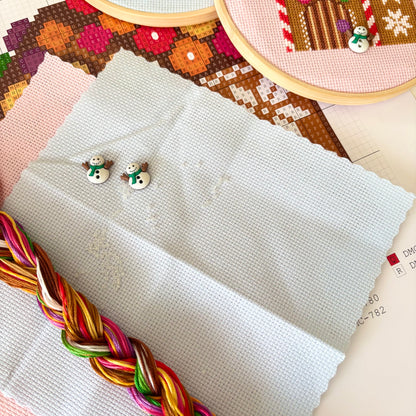 Cross-stitching materials with snowman buttons and crystal beads on a fabric background