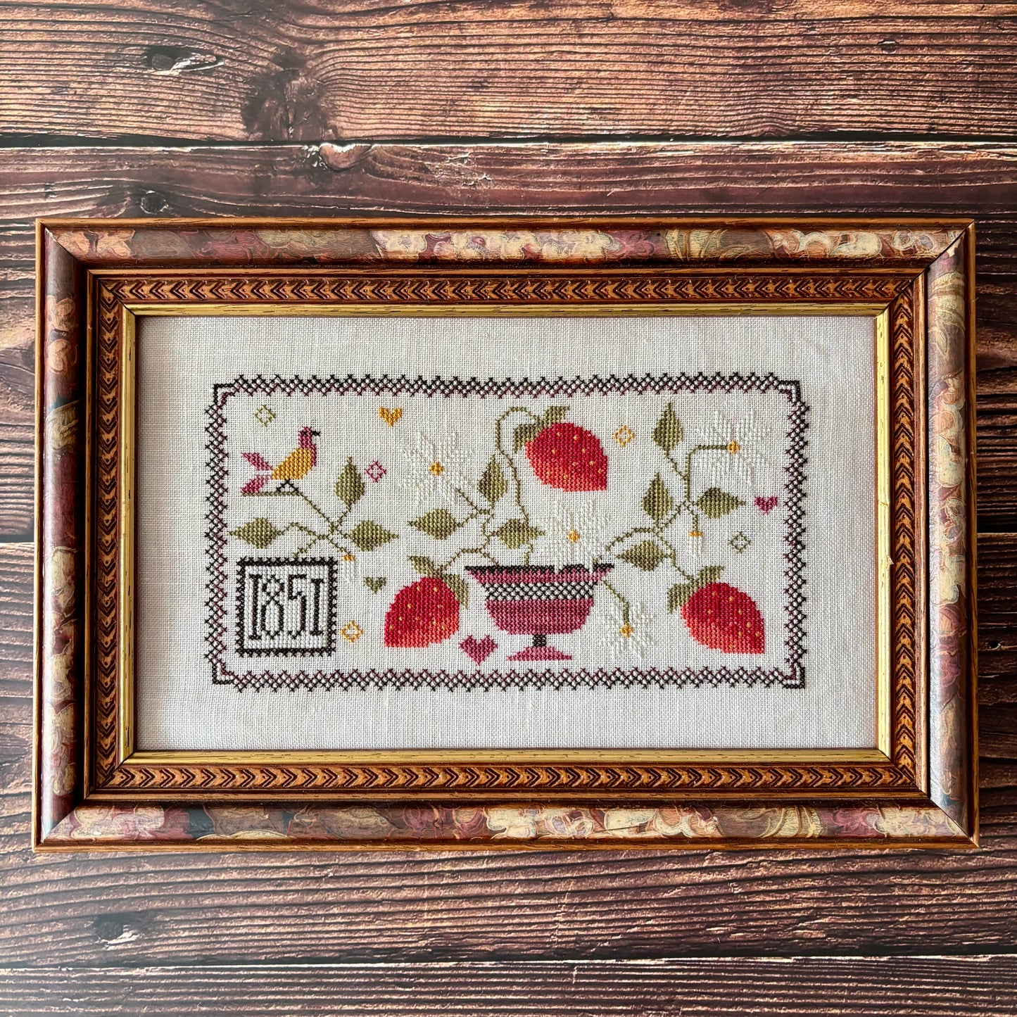 Strawberry Harvest cross-stitch chart with symmetrical berry and floral motifs – printed only