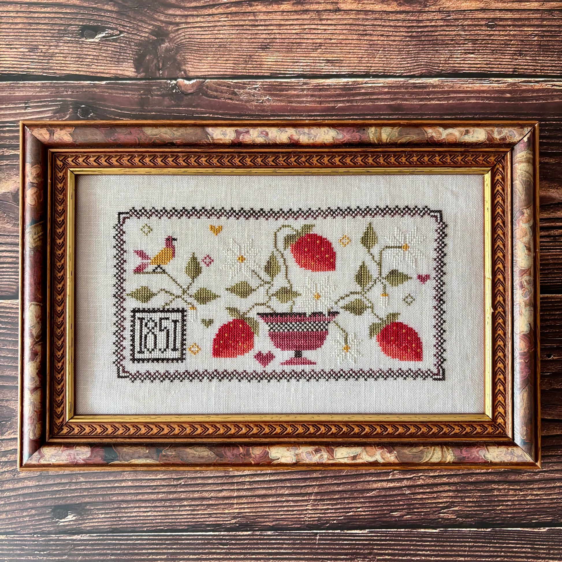 Strawberry Harvest cross-stitch chart with symmetrical berry and floral motifs – printed only