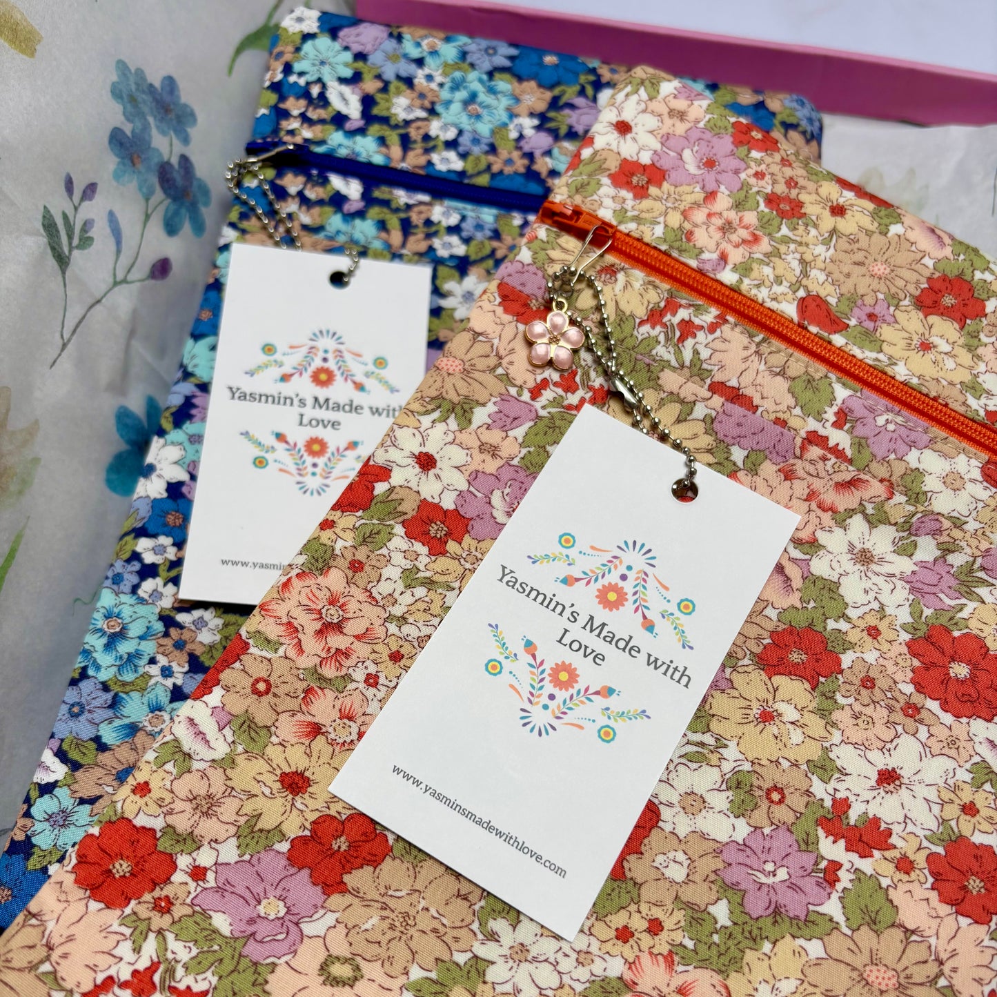 Orange Flowers Project Bag 11×14 quilting cotton craft organiser