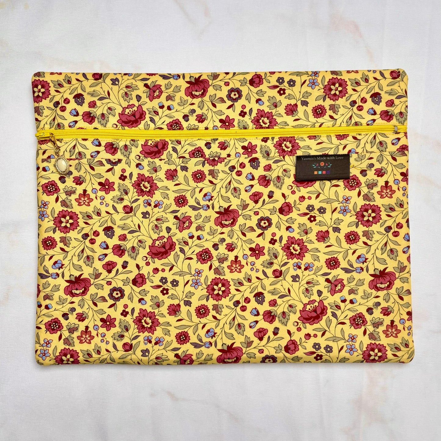 Dutch Heritage Yellow with Pink Flowers Project Bag 11×14 quilting cotton craft organiser