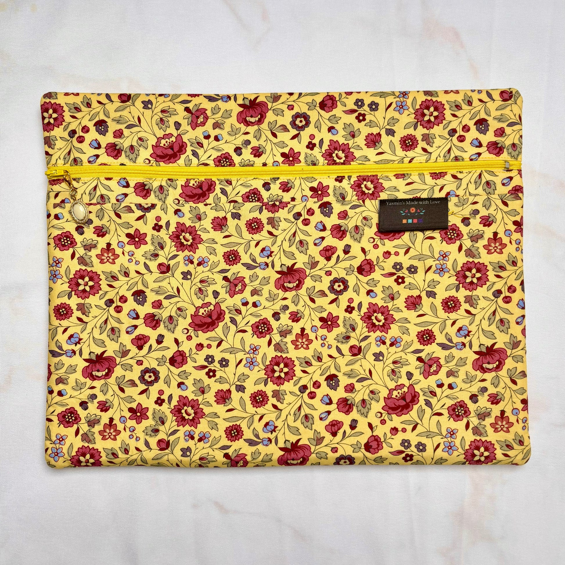 Dutch Heritage Yellow with Pink Flowers Project Bag 11×14 quilting cotton craft organiser