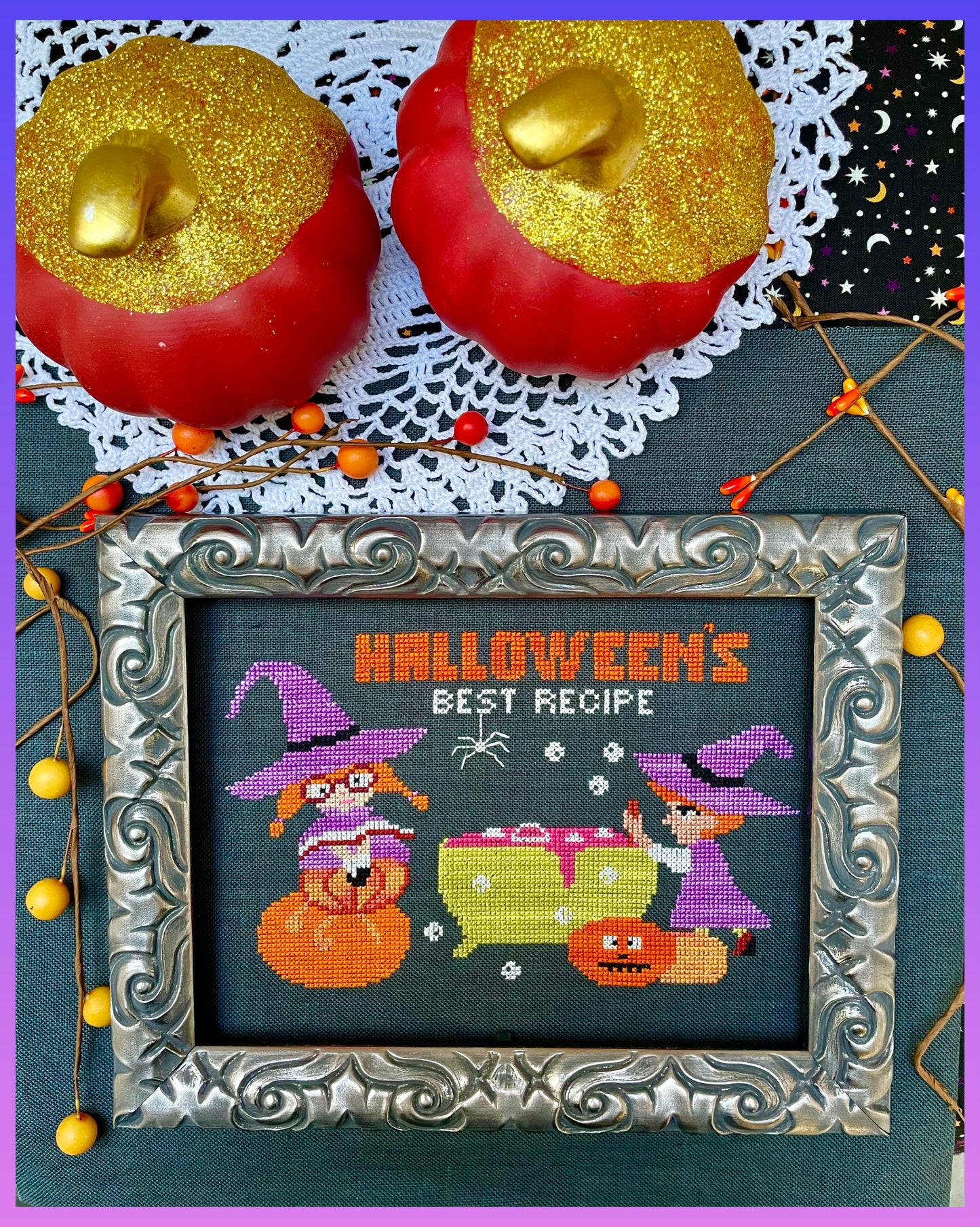 Halloween’s Best Recipe cross-stitch chart with witch stirring a cauldron – PDF or printed