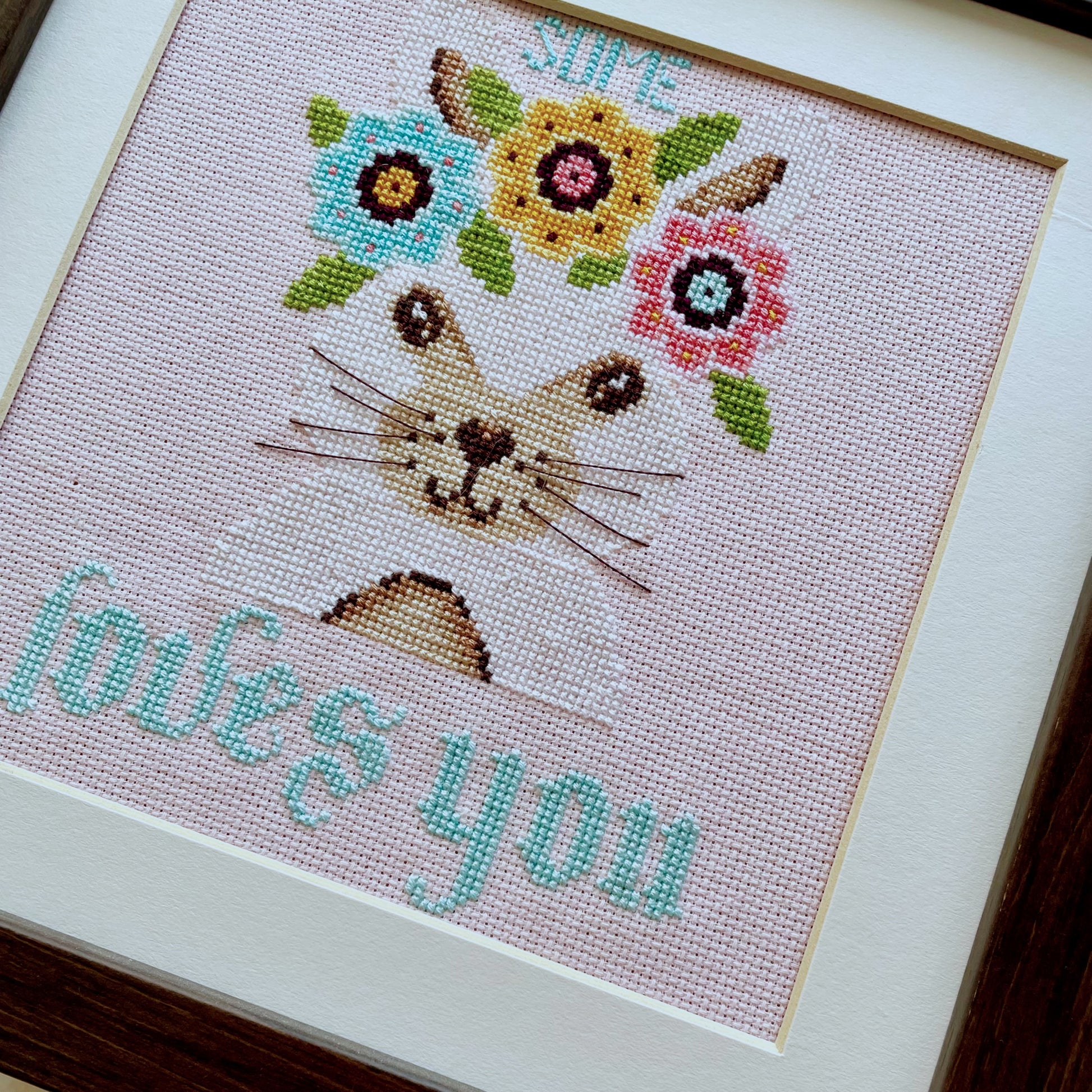 Some Bunny Loves You cross-stitch chart with cute bunny and florals – PDF or printed