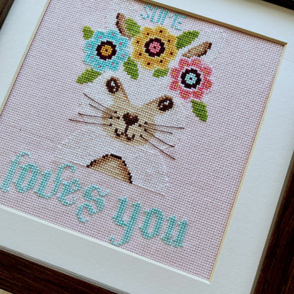 Some Bunny Loves You cross-stitch chart with cute bunny and florals – PDF or printed