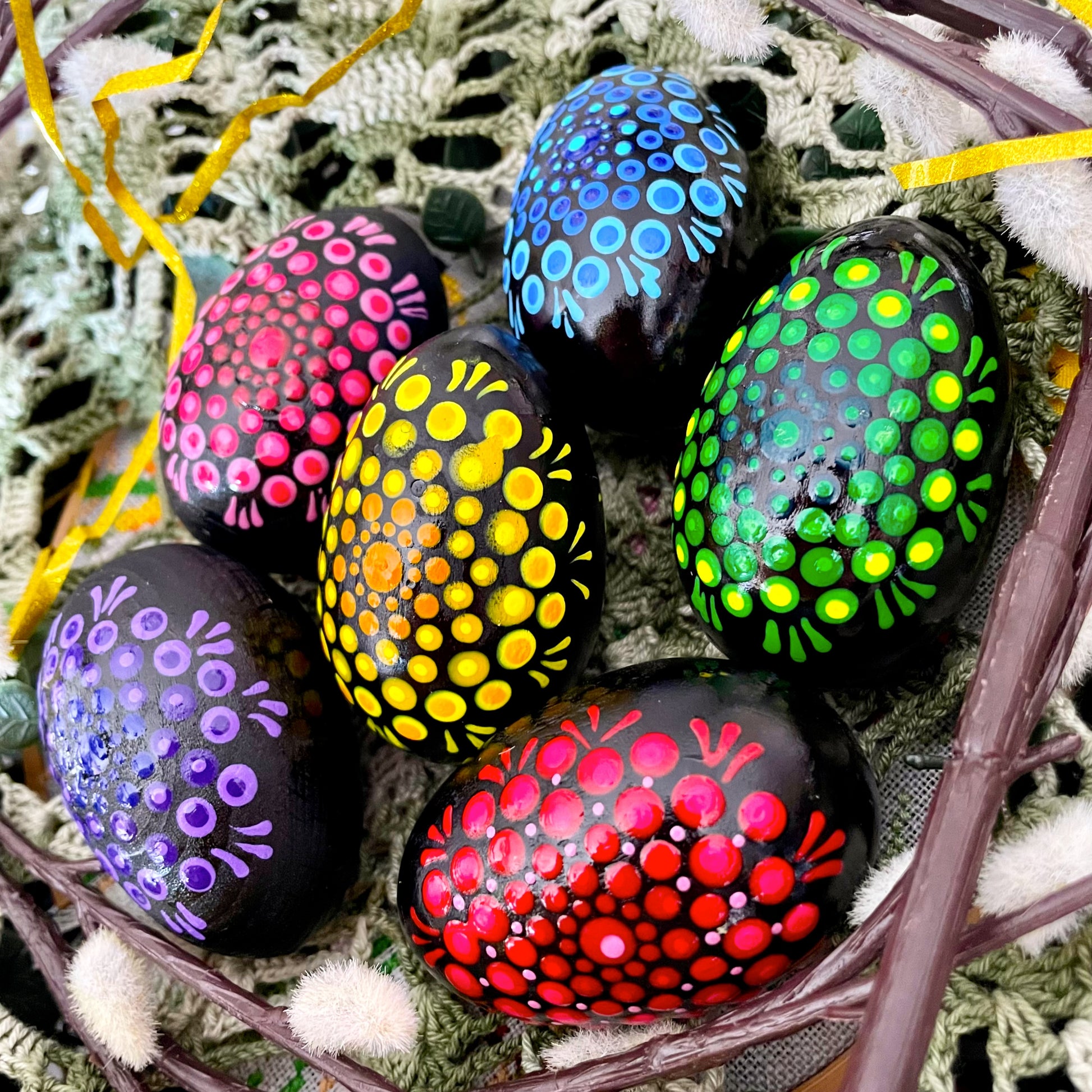 Set of 6 hand-painted Easter eggs, each with vibrant, intricate designs, perfect for Easter decor or gifting.