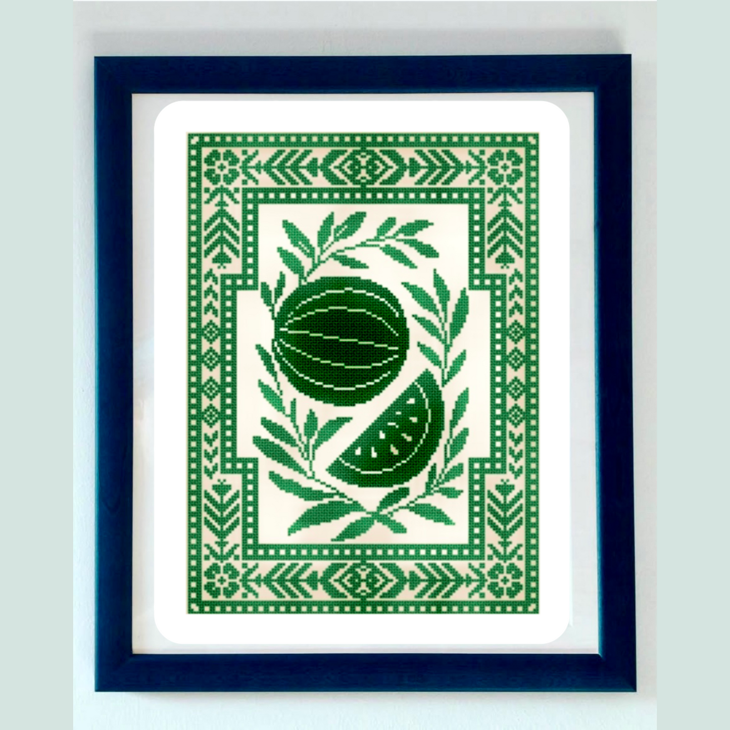 Fresh Cut Watermelon cross stitch sampler with floral border