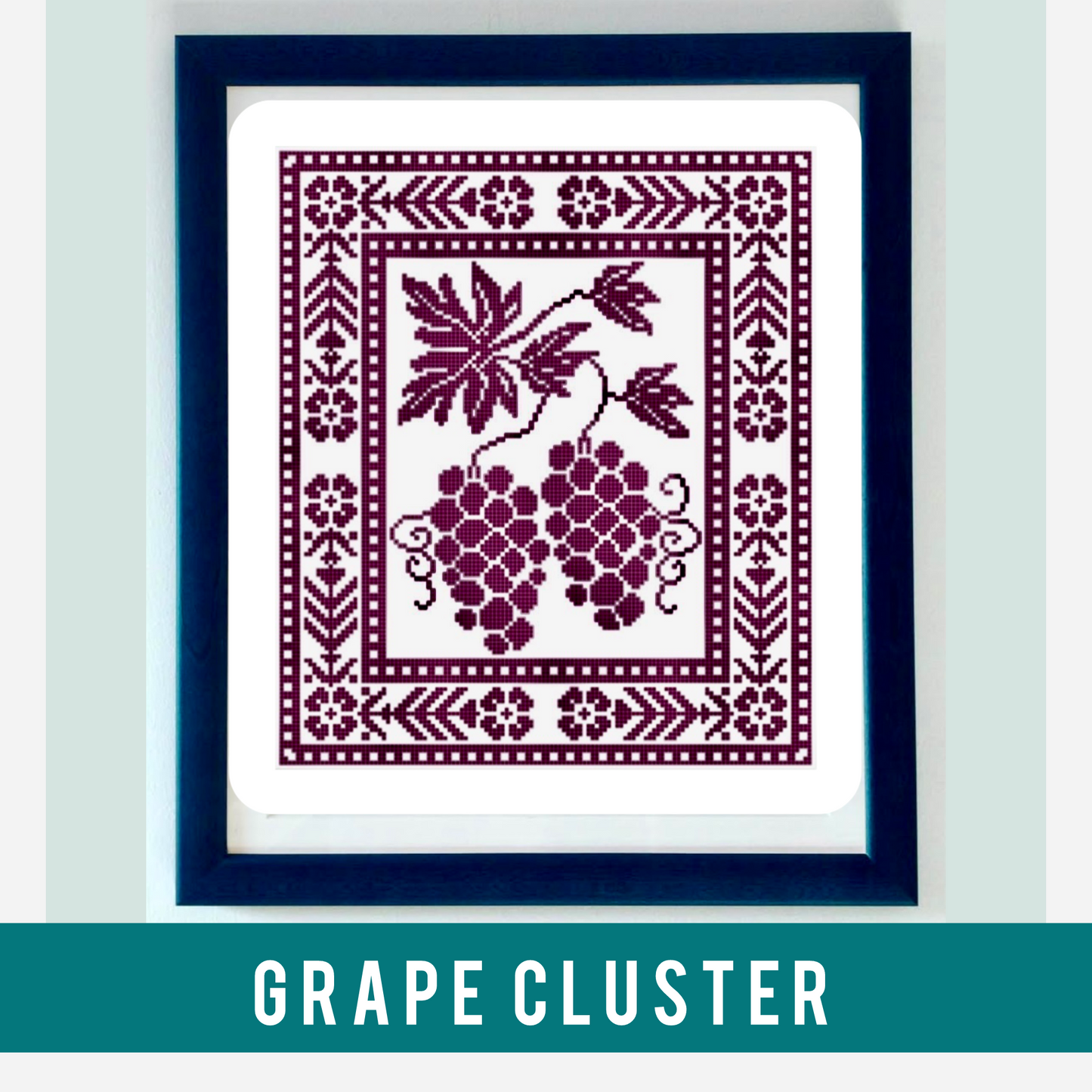 Grape Cluster cross stitch pattern with purple grapes and vines