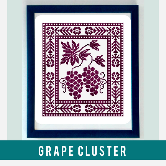 Grape Cluster cross stitch pattern with purple grapes and vines