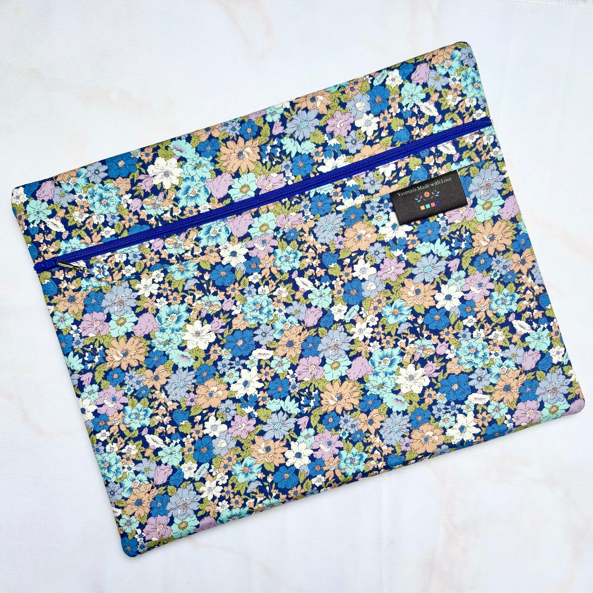 Blue Flowers Project Bag 11×14 quilting cotton craft organiser