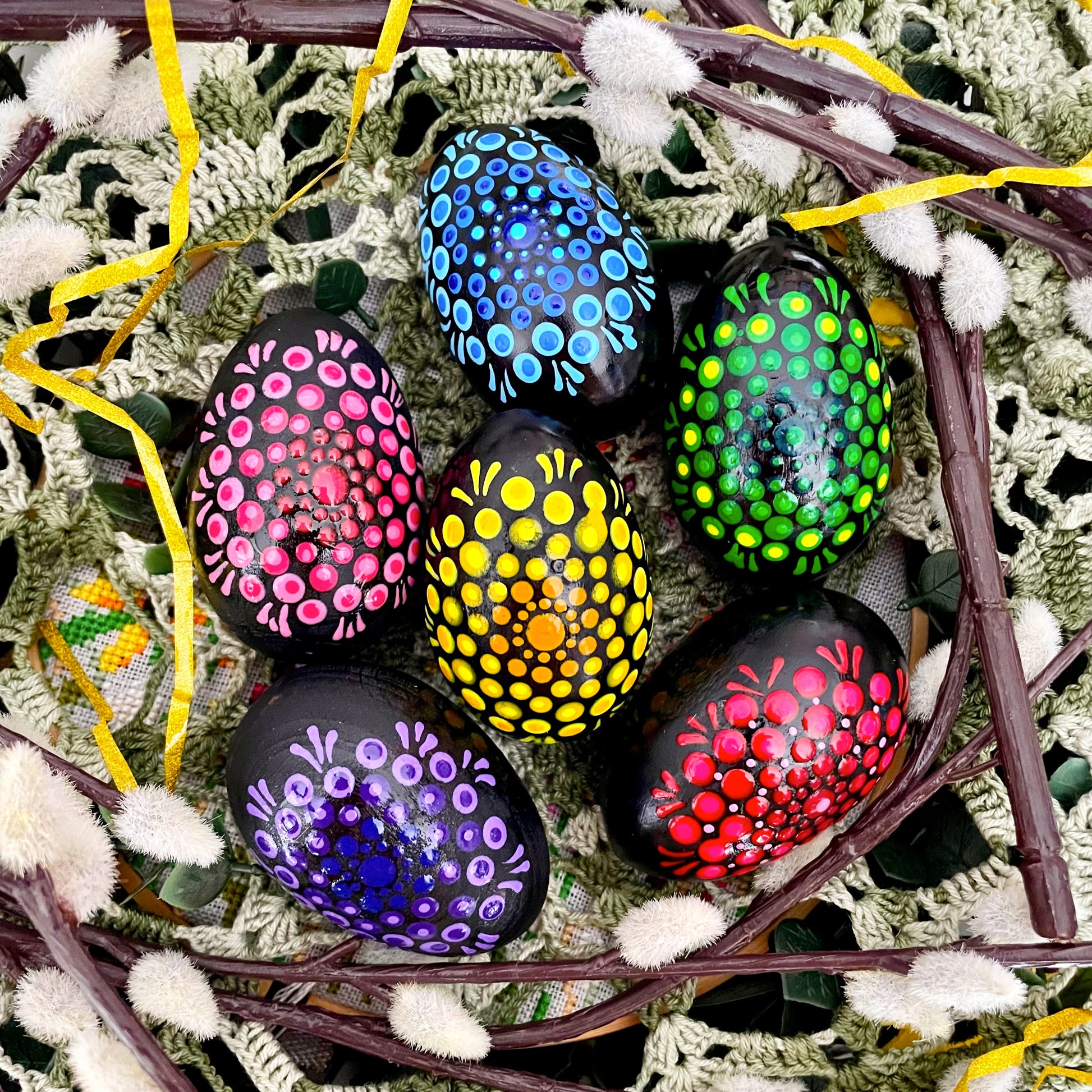 Set of 6 hand-painted Easter eggs, each with vibrant, intricate designs, perfect for Easter decor or gifting.