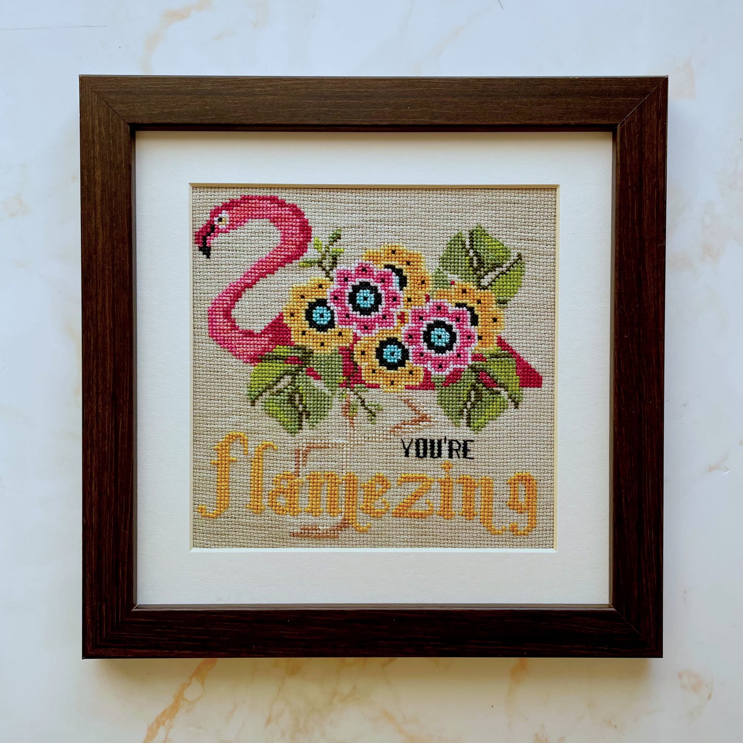 You're Flamazing cross-stitch chart with pink flamingo and positive quote