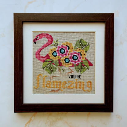 You're Flamazing cross-stitch chart with pink flamingo and positive quote