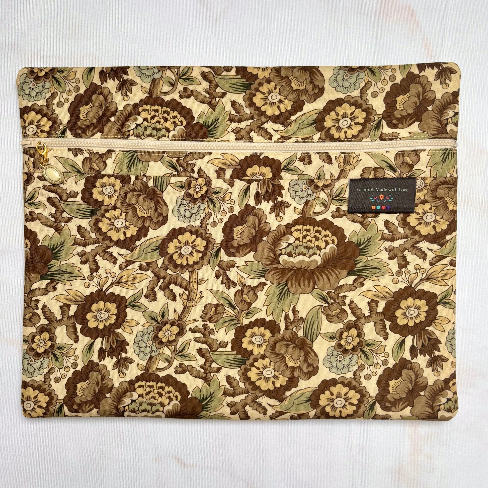 Dutch Heritage Brown Flowers Project Bag 11×14 quilting cotton craft organiser