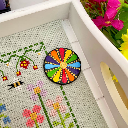 Close-up of the Grow Your Garden cross-stitch design, featuring colorful DMC threads and detailed floral pattern