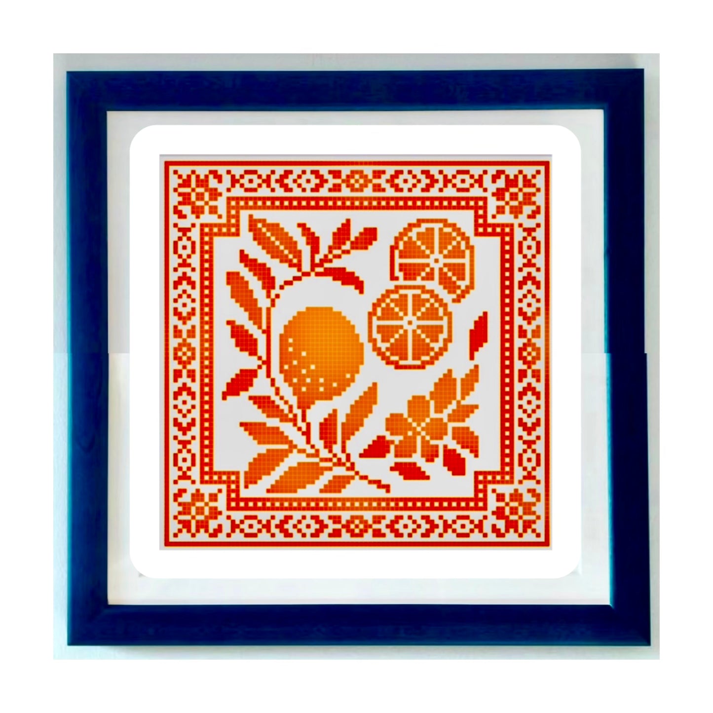 Orange Zest cross stitch pattern with citrus slices and leaves