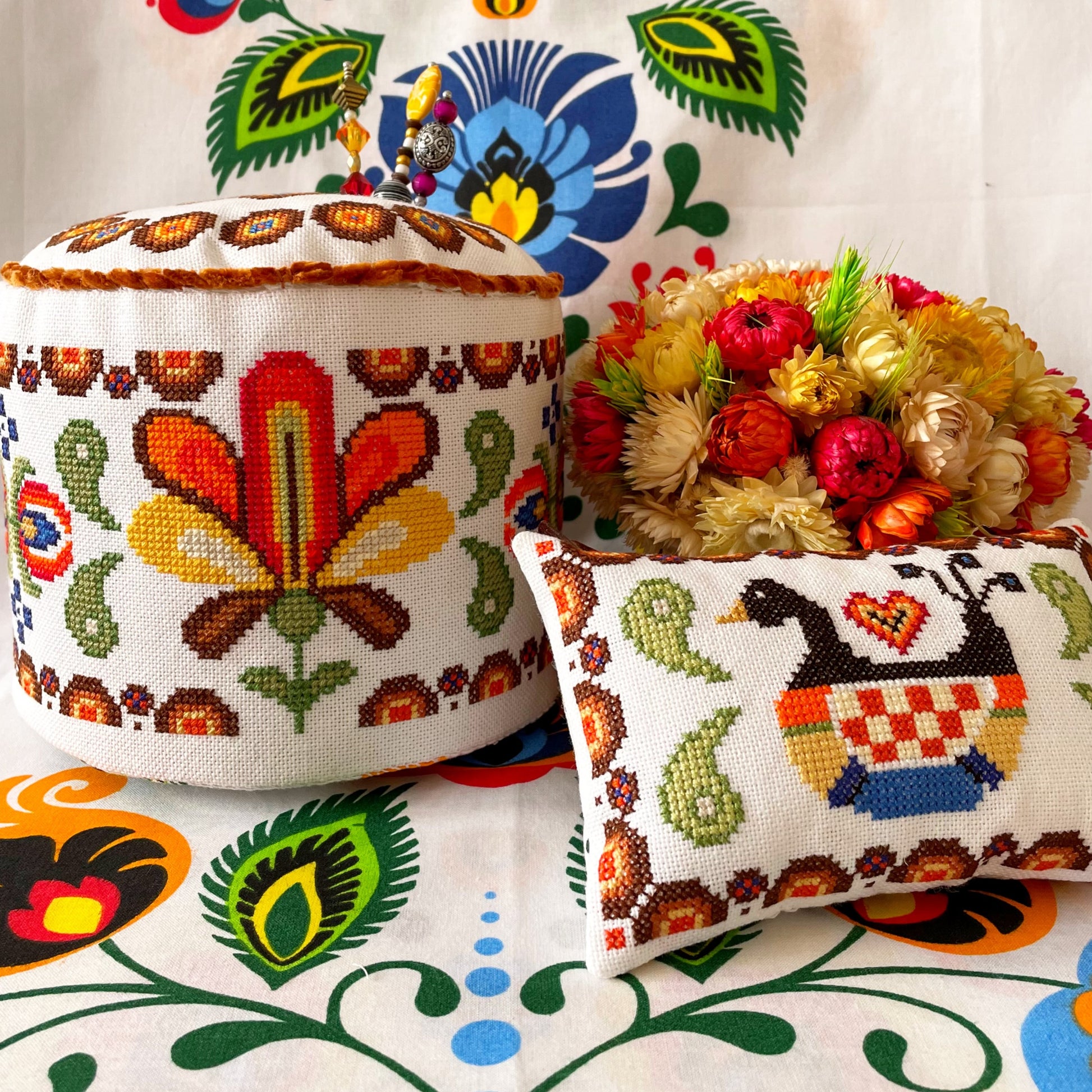 Decorative drum-shaped embroidery project with full printed chart and assembly guide