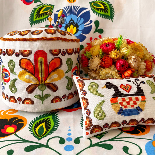 Decorative drum-shaped embroidery project with full printed chart and assembly guide