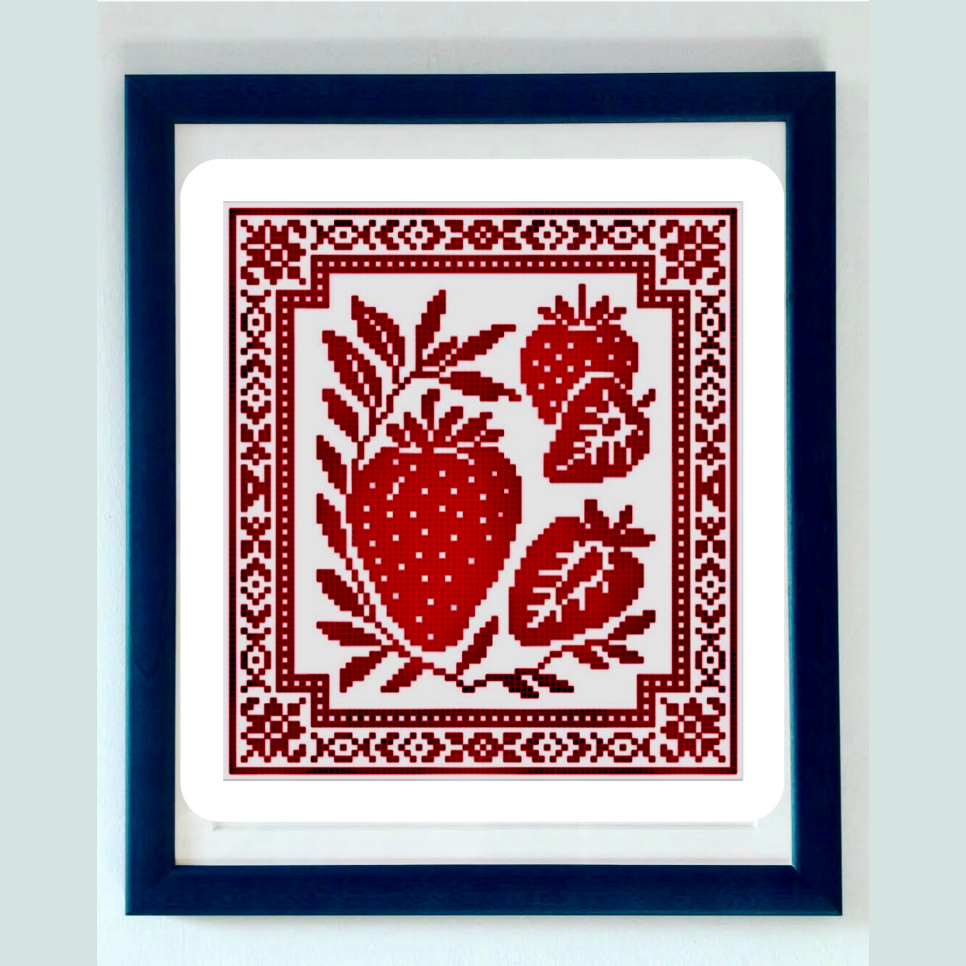 Strawberry Delight cross stitch chart with red berries and leaves