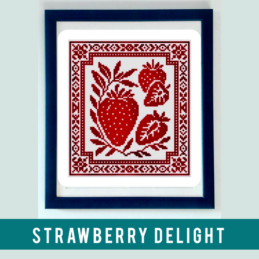 Strawberry Delight cross stitch chart with red berries and leaves