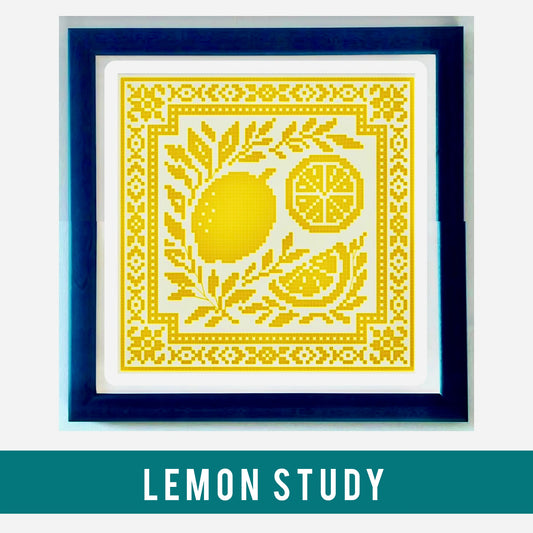 Lemon Study cross stitch chart with botanical citrus design