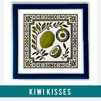 Kiwi Kisses cross stitch pattern with green kiwi slices