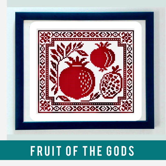 Fruit of the Gods cross stitch chart featuring pomegranate design