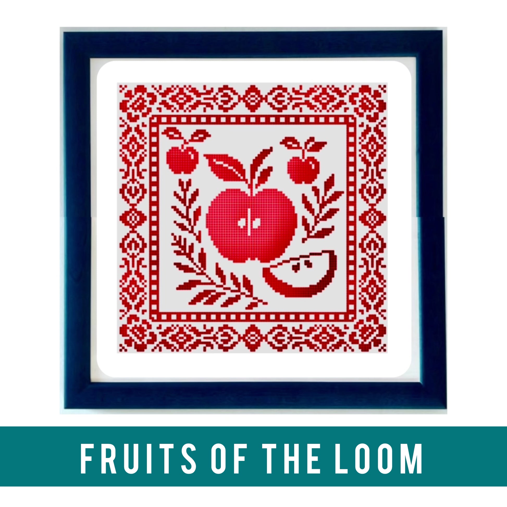 Apple-themed cross stitch pattern "Fruits of the Loom" – available as PDF and printed chart by Yasmin’s Made With Love