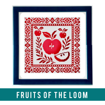 Apple-themed cross stitch pattern "Fruits of the Loom" – available as PDF and printed chart by Yasmin’s Made With Love